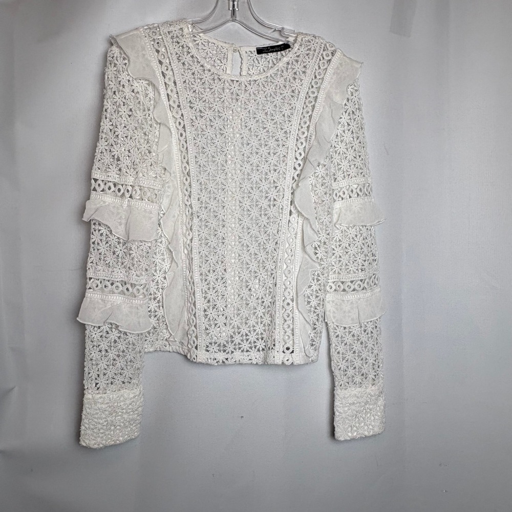 Simplee White Floral Lace Ruffle‎ Blouse Victorian Boho Pearl Button Top Large